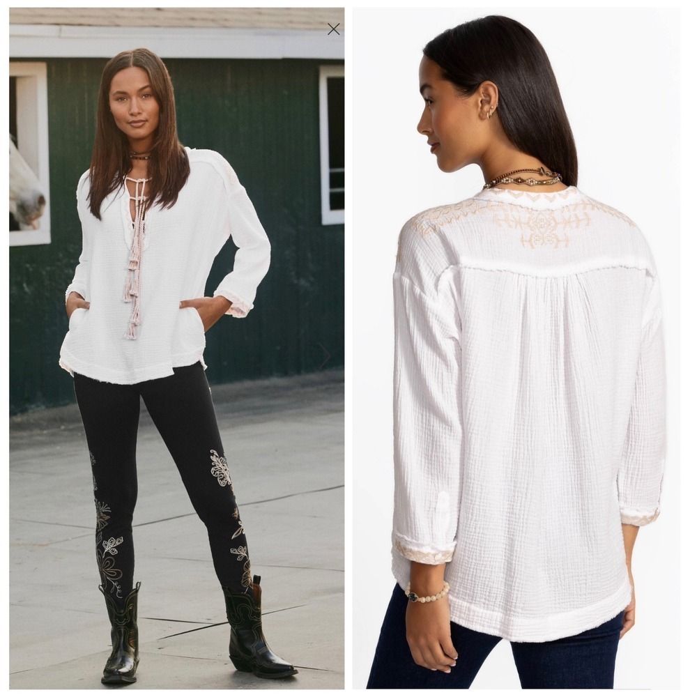 Calme by Johnny Was Ghenar Gauze Top Embroidered Organic Cotton Tassel Med (F)